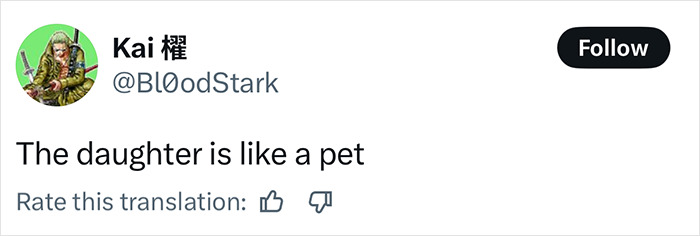 Tweet from user Kai saying the daughter is like a pet, referencing momfluencer and autistic daughter sleeping on balcony controversy.