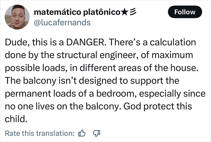 Tweet explaining the structural engineer's warning about the danger of making an autistic child sleep on the balcony.