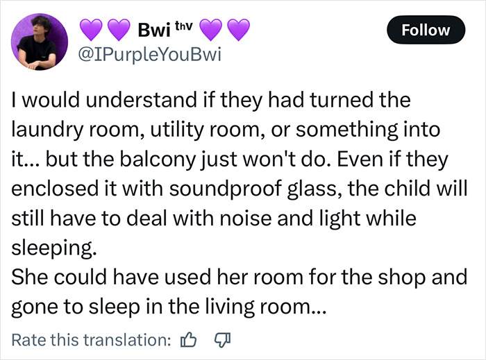 Tweet discussing a momfluencer making her 9-year-old autistic daughter sleep on balcony to use room as office.
