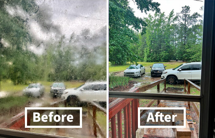 View of a garden and parked cars through a foggy window before and a clear window after cleaning, illustrating low-effort garden finds.