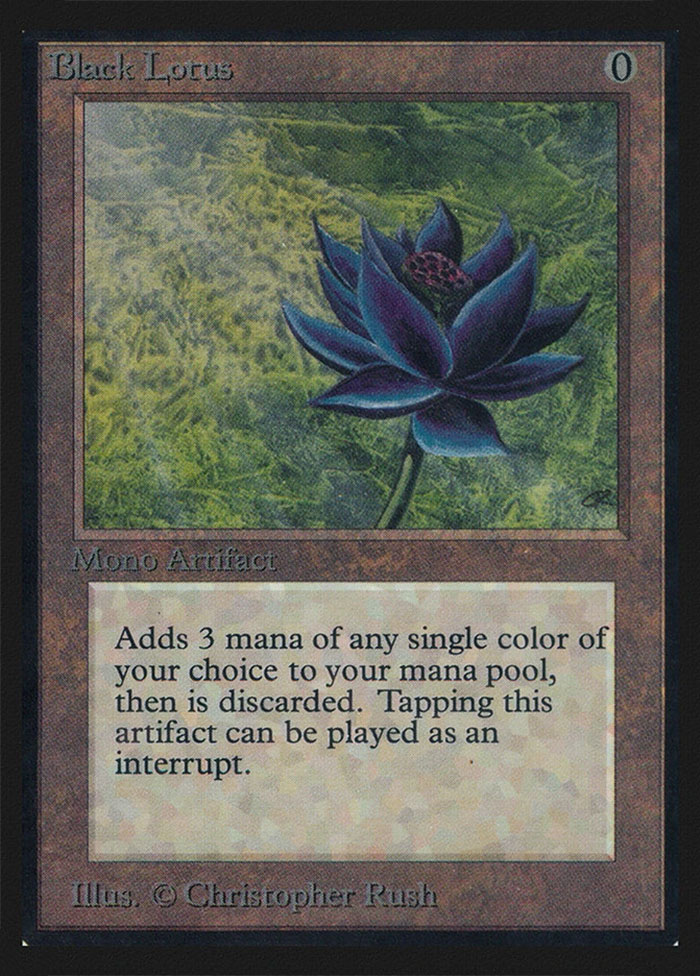 Black Lotus collectible card, highly valuable artifact in trading card games, listed among highest-value collectible items sold.