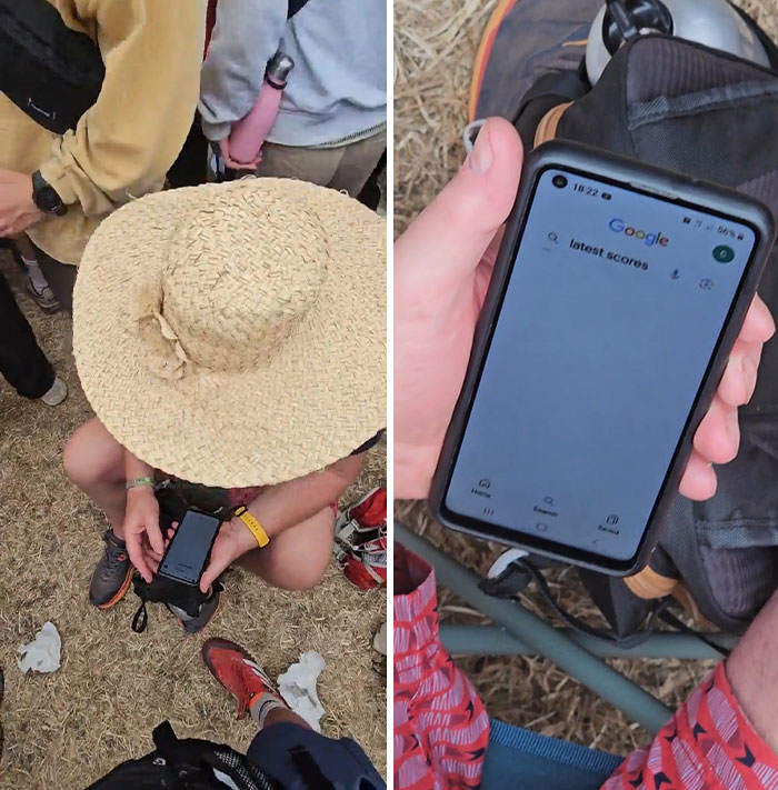 Dad wearing a large straw hat checking sports scores on a phone, showcasing hilarious dad moments in fatherhood.