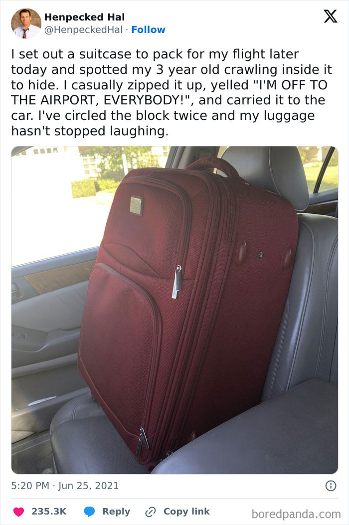 Hilarious dad packs suitcase with toddler inside, playfully pretending to go to the airport in a funny fatherhood moment.