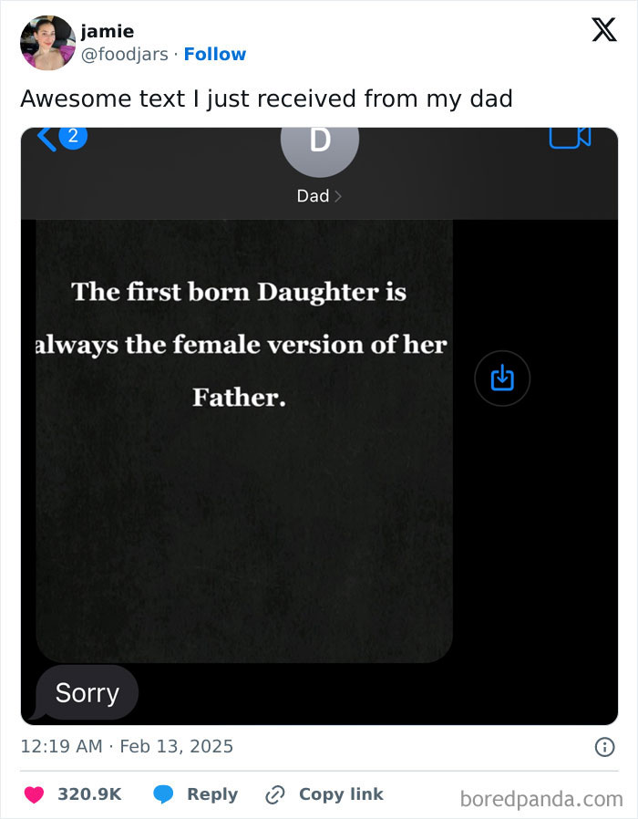 Text message from a dad sharing a humorous quote about daughters being the female version of their fathers, showing playful fatherhood.