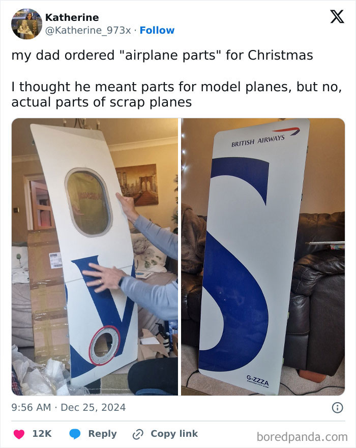 Dad unboxes large scrap airplane parts for Christmas, showcasing hilarious and creative fatherhood moments.