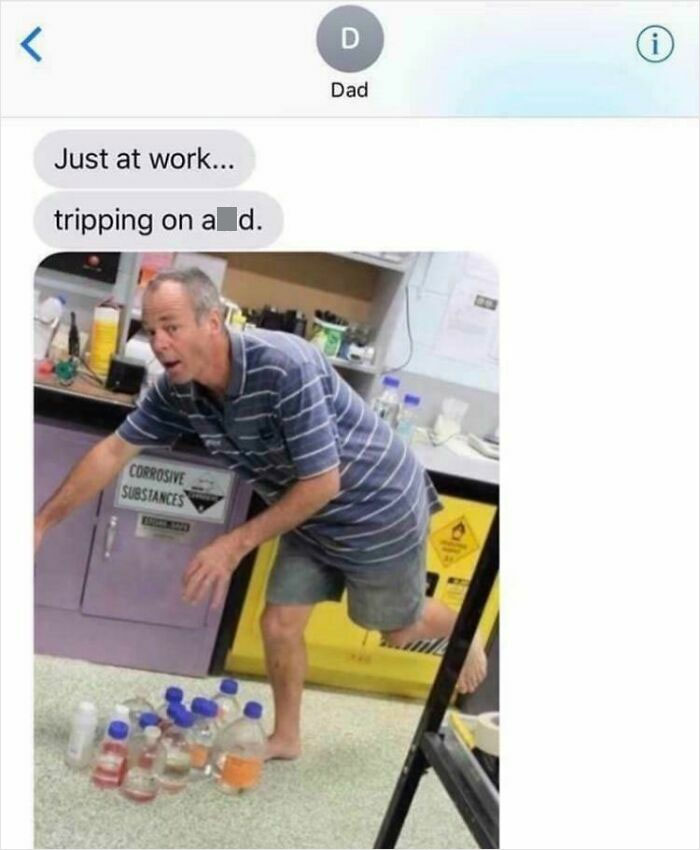 Dad texting a funny work accident, tripping over bottles, showcasing hilarious dads nailing fatherhood humor.