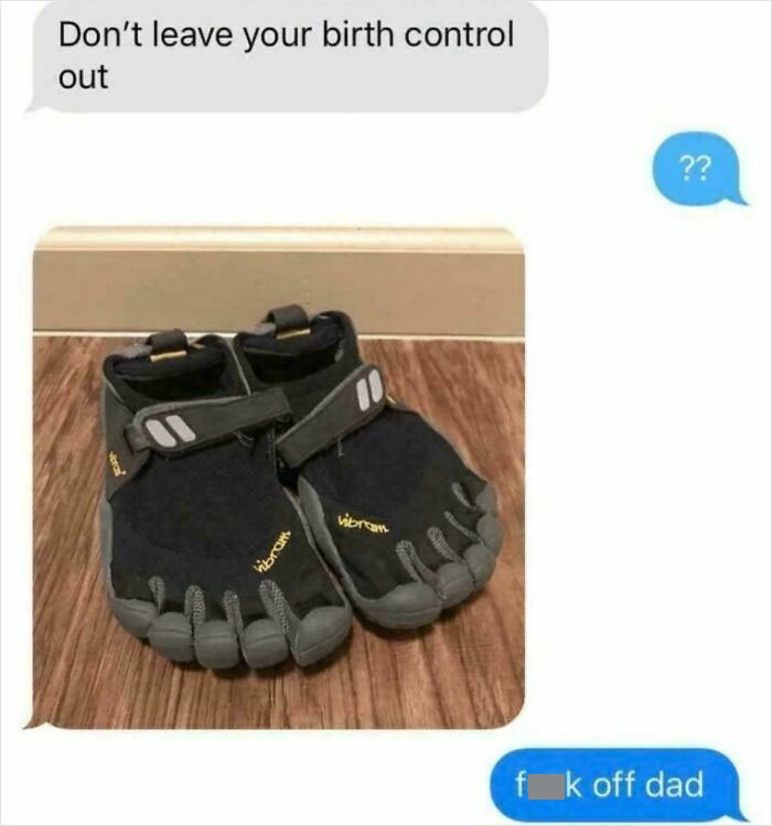 Text message joke about birth control with a photo of Vibram toe shoes on a wooden floor, showcasing hilarious dad humor.