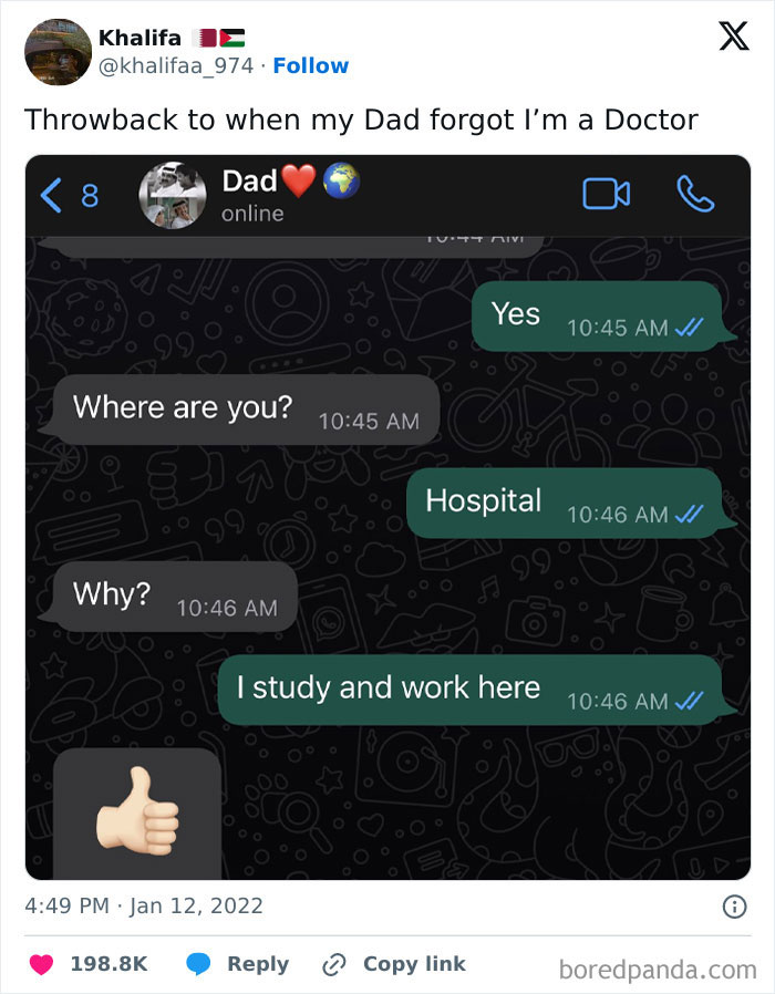 Chat conversation showing a dad hilariously forgetting his child is a doctor, highlighting funny dad moments in fatherhood.