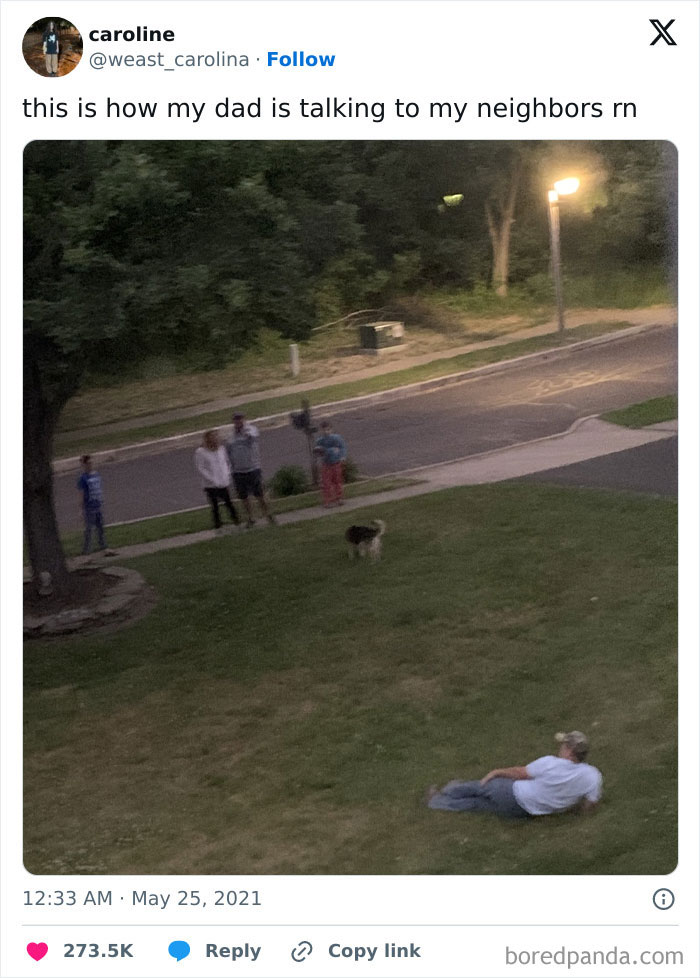 Dad lying on grass talking to neighbors while a dog stands nearby, showcasing hilarious dads nailing fatherhood.