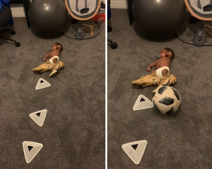 Baby lying on carpet wearing oversized cleats near soccer ball and training cones, showcasing hilarious dads nailing fatherhood.
