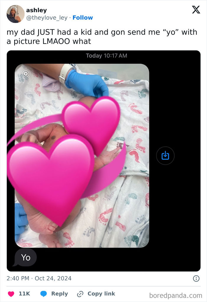 New dad shares funny newborn photo with playful text, showcasing hilarious dads nailing fatherhood moments.