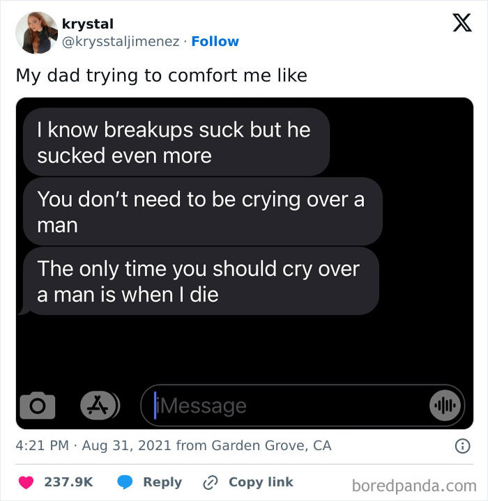 Text message from a dad humorously comforting his child, showcasing hilarious dads nailing fatherhood with tough love.