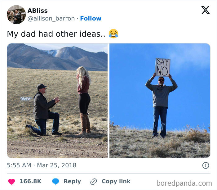 Dad humor in two photos showing a funny marriage proposal with a twist and a dad holding a say no sign outdoors