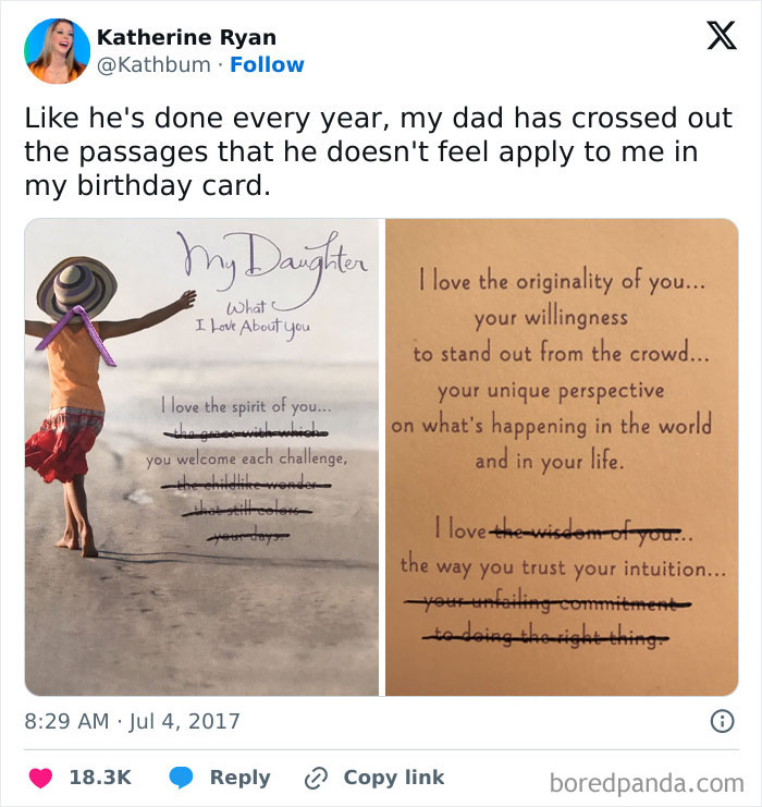 Birthday card with crossed-out heartfelt messages showing a dad's humorous approach, highlighting hilarious dads nailing fatherhood.