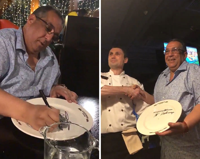 Hilarious dad signing a plate and shaking hands with a chef, celebrating a fun moment in fatherhood.