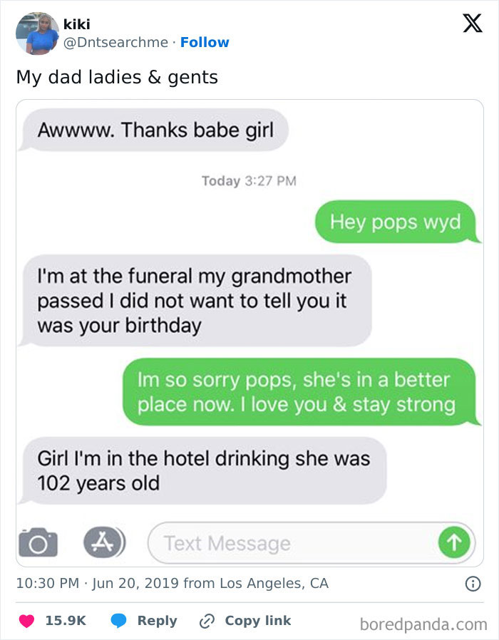 Text message exchange showing a dad humorously handling a difficult moment, highlighting hilarious dads nailing fatherhood.