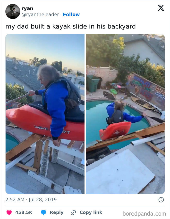 Dad in a blue jacket launching a kayak down a homemade backyard slide into a pool, showcasing hilarious dad creativity.