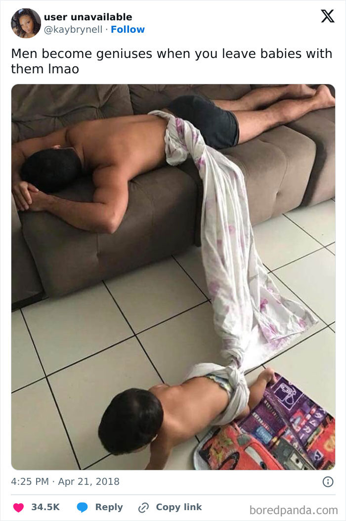 Hilarious dad uses a bedsheet to safely tow his crawling baby while resting on the couch, showcasing creative fatherhood skills.