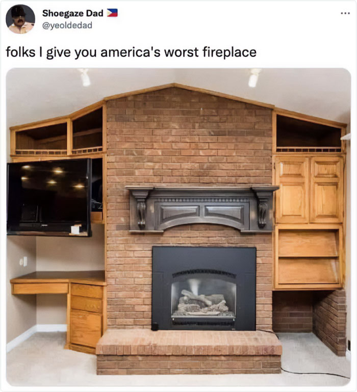 Poorly designed home fireplace surrounded by mismatched cabinets and shelves, showcasing a failed creative home attempt.