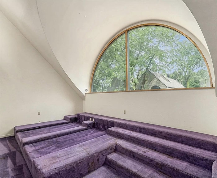 Purple carpeted steps and platforms in a home interior with a large arched window showing outdoor trees and rooftops