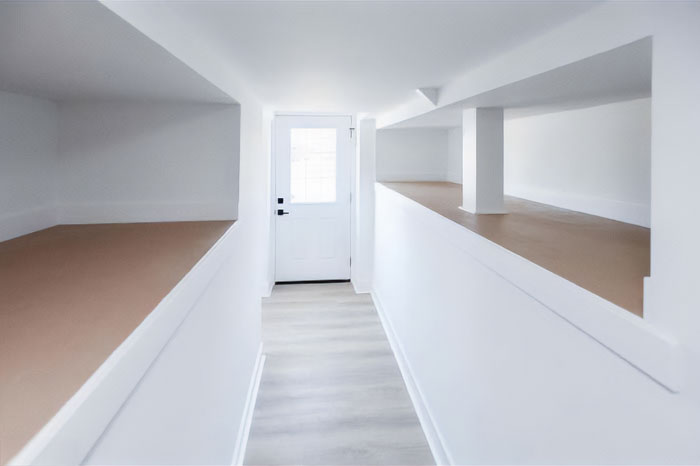 Narrow white hallway with unusual built-in ledges and pillars, showcasing a creative home design fail.