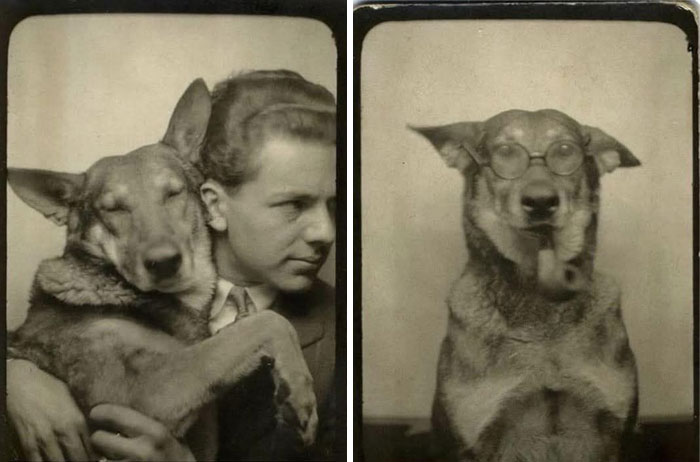 Vintage historical photo showing a man with a dog and the dog wearing glasses and a pipe, illustrating fascinating past moments.