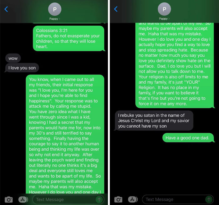 Text message exchange showing toxic behavior from a dad rejecting his son’s identity and expressing hateful views.