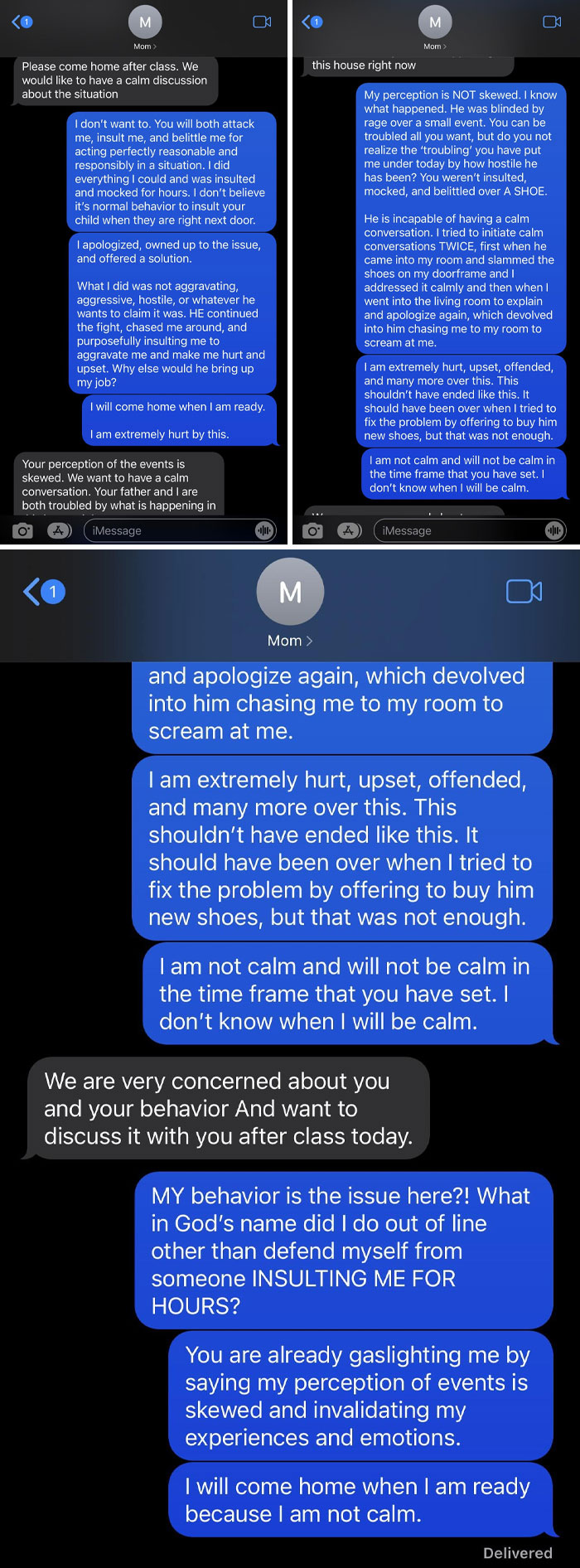 Text message conversation showing a child confronting toxic behavior from a dad and expressing emotional hurt.