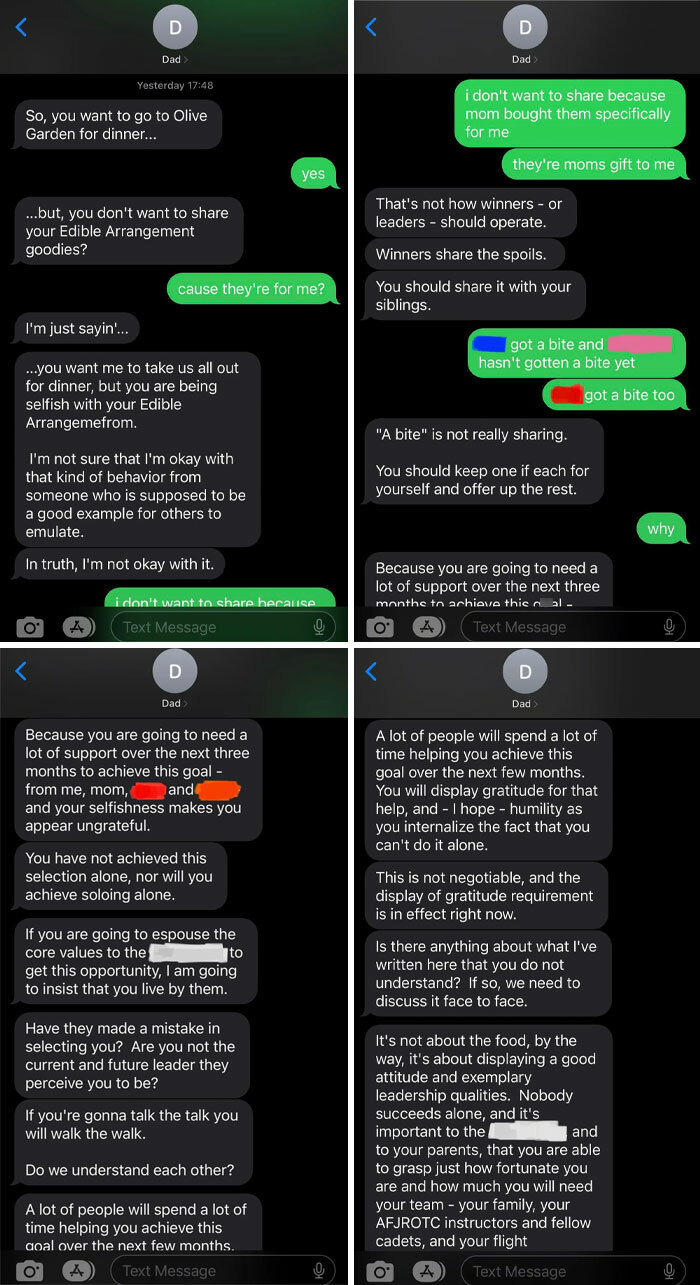 Text message screenshots showing toxic behavior from a dad criticizing his child's selfishness and leadership qualities.