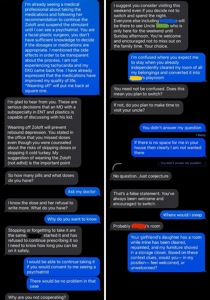 Text messages revealing toxic dad behavior causing his child to feel unwelcome and rejected in the family home.