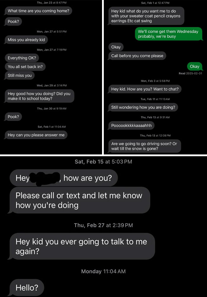 Text messages from a dad repeatedly asking his kid to respond, illustrating toxic behavior and strained parent-child communication.