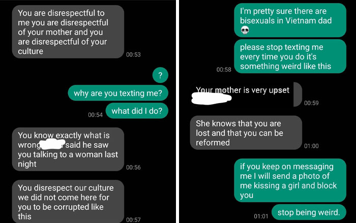 Text message exchange showing toxic dad behavior, disrespecting culture and controlling messages causing conflict.