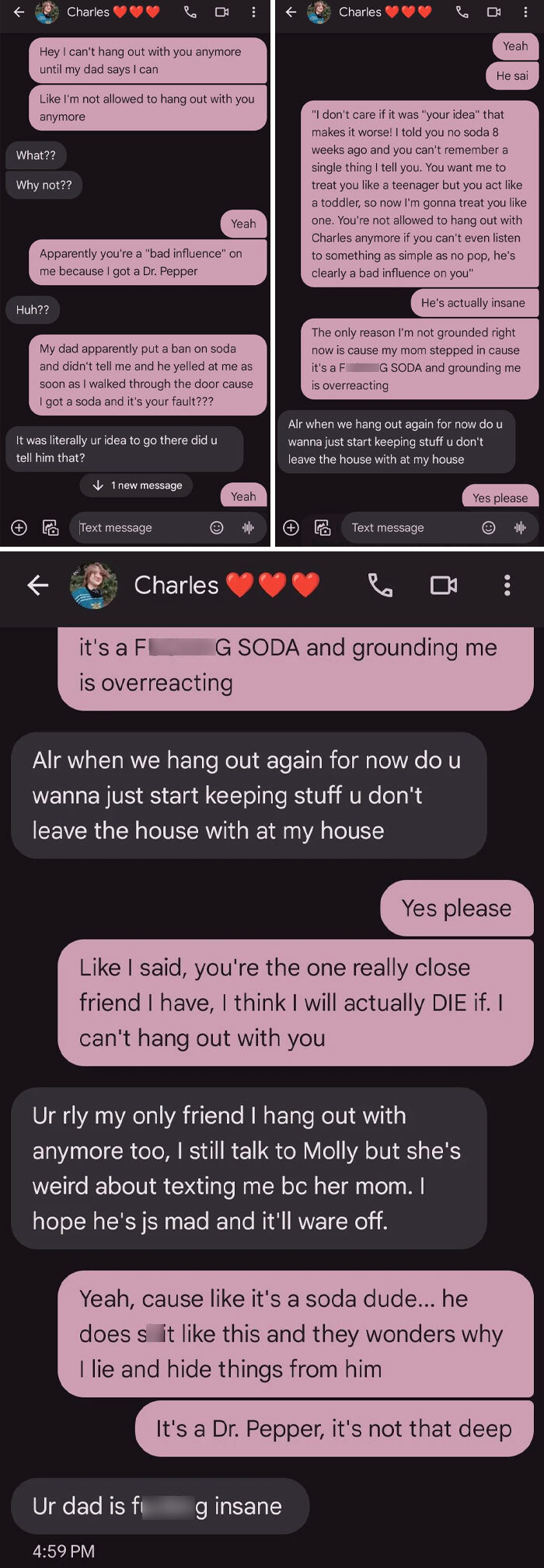 Text message exchange showing toxic dad behavior causing strain in relationship and why kids avoid speaking to him.