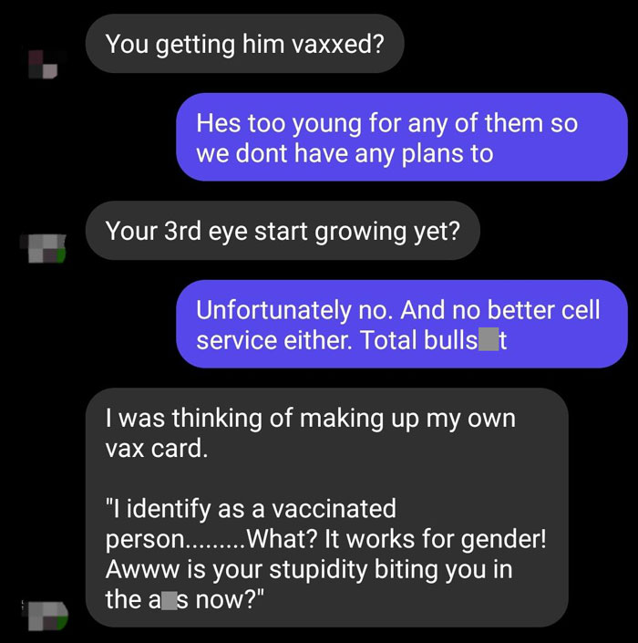 Text message exchange showing toxic behavior from a dad questioning vaccination and mocking the other person’s views.