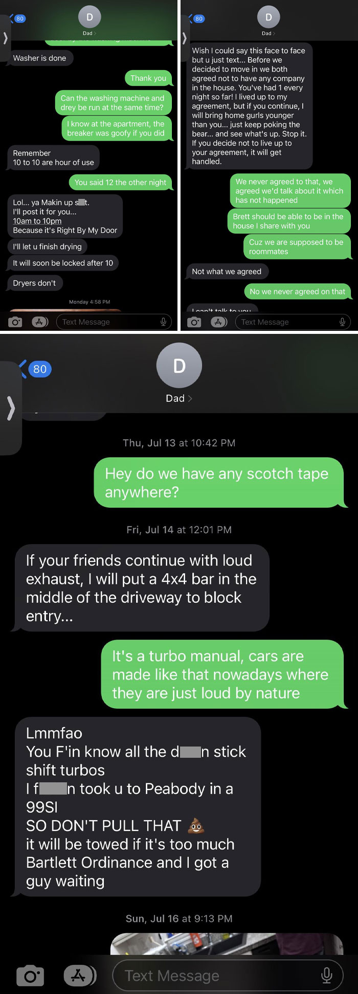 Text message screenshots showing toxic behavior from a dad, causing tension and conflict in family communication.