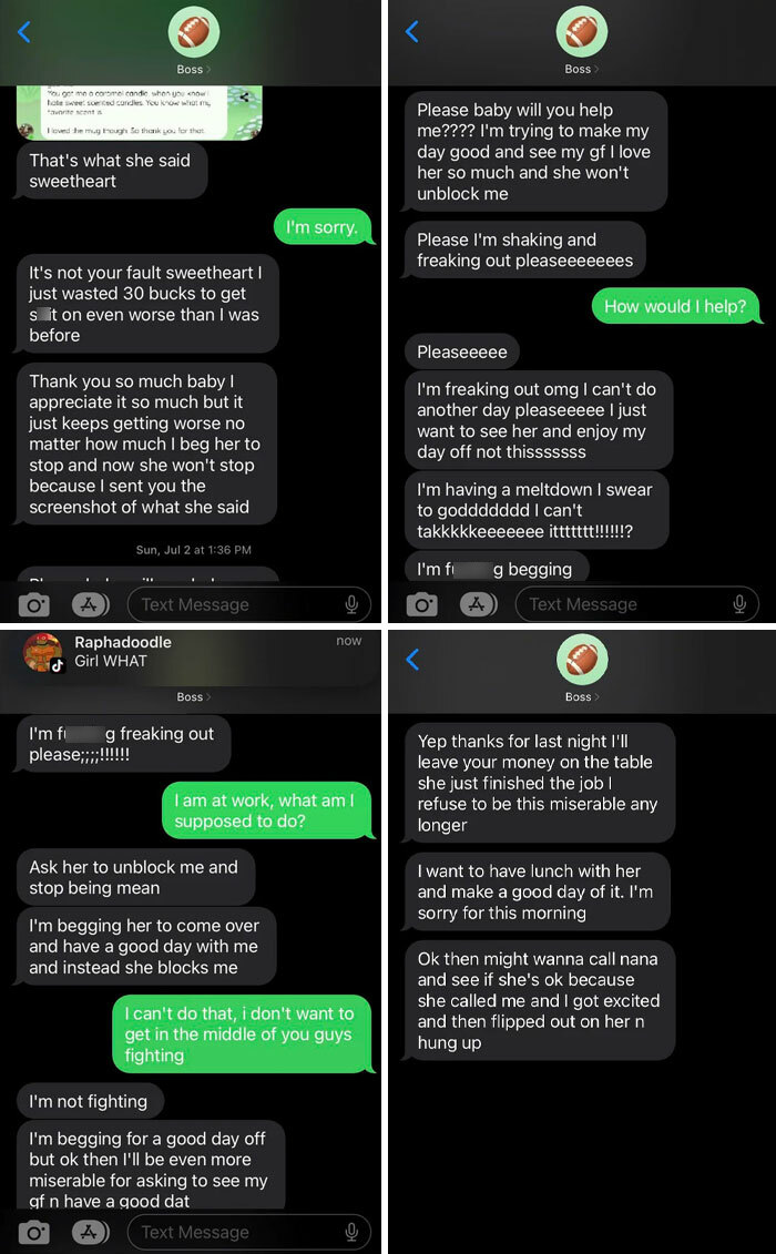 Screenshots of toxic text messages from a dad displaying desperate and manipulative behavior toward his girlfriend.