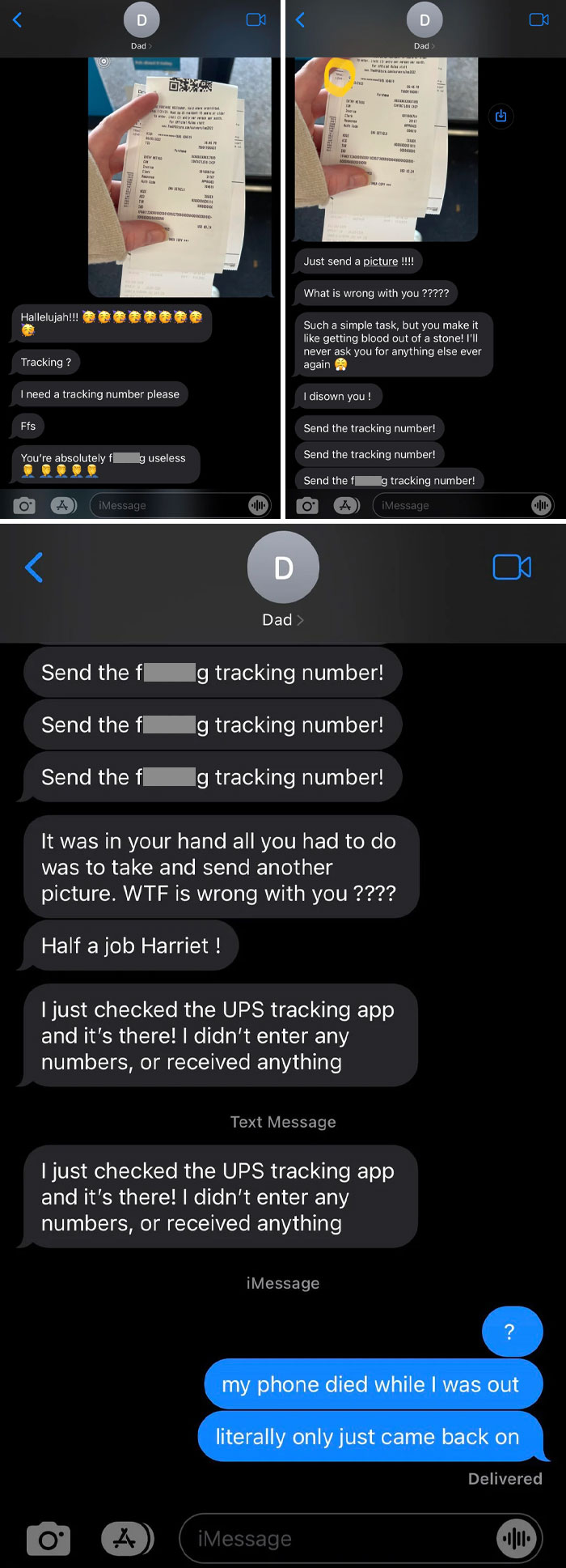 Aggressive text messages from dad demanding a tracking number, showing toxic behavior in family communication.