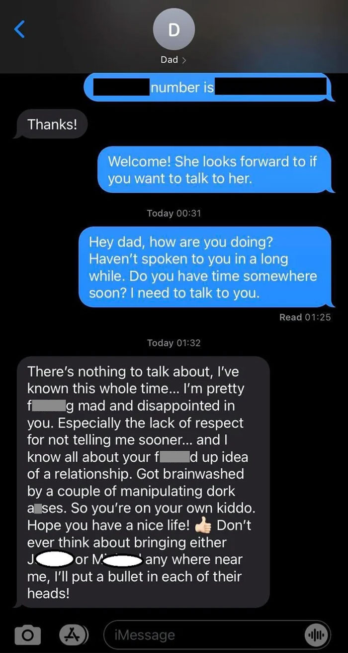 Text message exchange showing toxic behavior from dad, highlighting why kids avoid communication with toxic fathers.