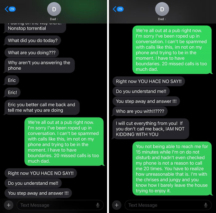 Text message exchange showing toxic behavior from a dad bombarding his child with calls and controlling demands.