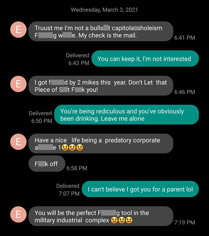 Text message exchange showing toxic behavior from a dad, highlighting toxic behavior dads display causing family conflict.