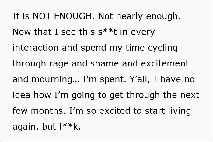 Text expressing emotional struggle and exhaustion from dealing with manipulative husband, highlighting internet help opening her eyes. - 54