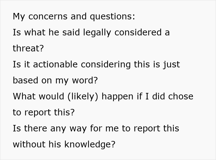 Text showing questions about legal threats and reporting, reflecting concerns from a woman leaving a manipulative husband with internet help. - 61