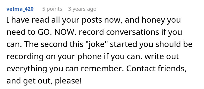 Screenshot of an online comment advising a woman to leave her manipulative husband and use recordings for support. - 62