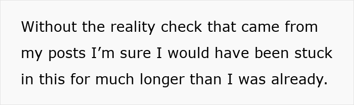 Alt text: Text about a woman gaining a reality check and leaving a manipulative husband with the help of the internet. - 66