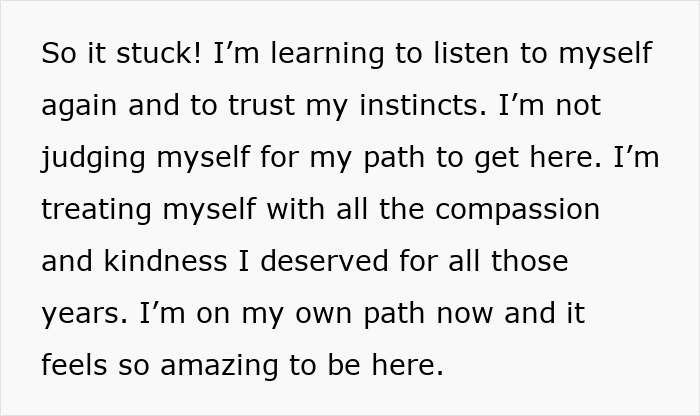 Text on a white background about learning to trust instincts and treating oneself with compassion after leaving a manipulative husband. - 73