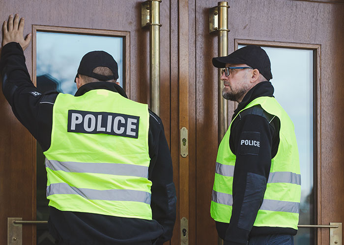 Two police officers in neon vests at a wooden door representing support for a woman leaving manipulative husband. - 55