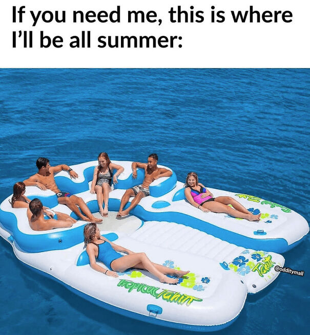 Group of friends relaxing on a large inflatable float in water, enjoying funny summer memes about pretending to like outdoors.