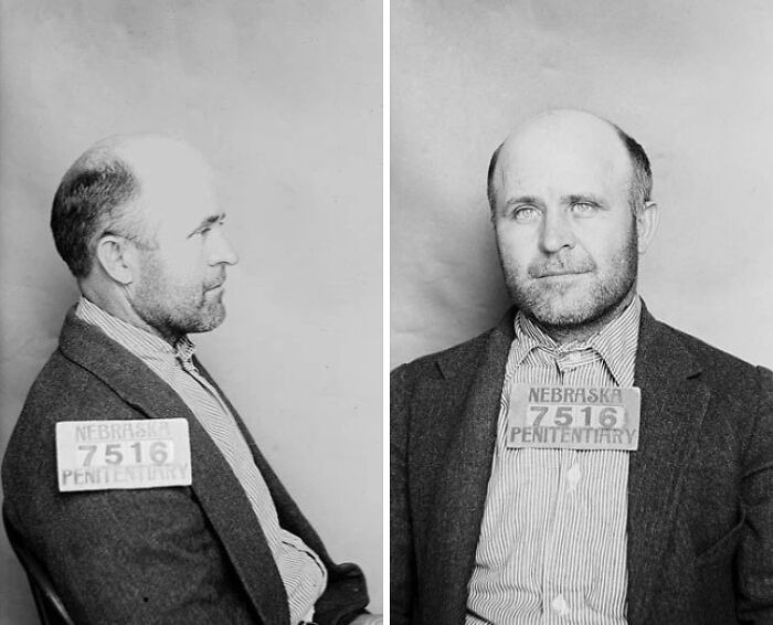 Historical mugshots from Nebraska penitentiary featuring inmate 7516 in classic black and white photos with front and side views
