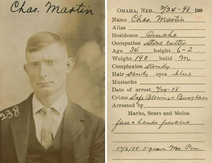 Vintage historical mugshot of Chas Martin from Omaha with detailed arrest and physical description records.
