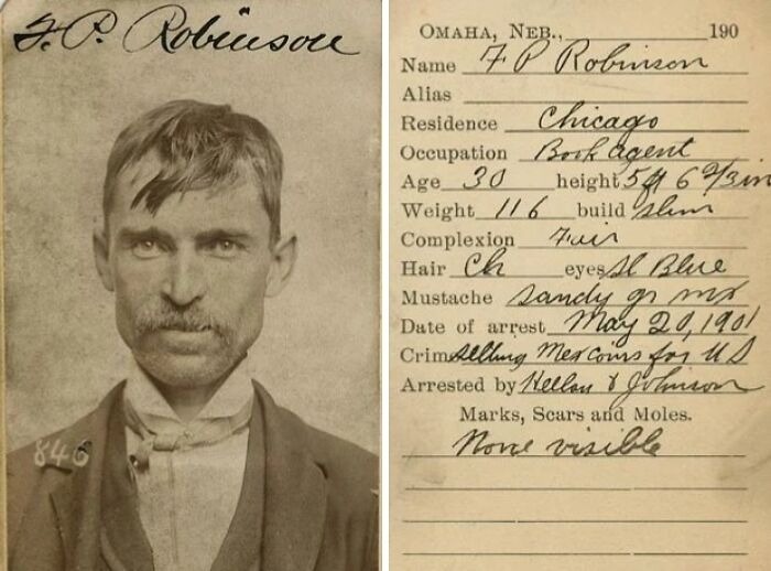 Vintage historical mugshot of F.P. Robinson from Omaha, Nebraska, featuring detailed arrest information and identification.